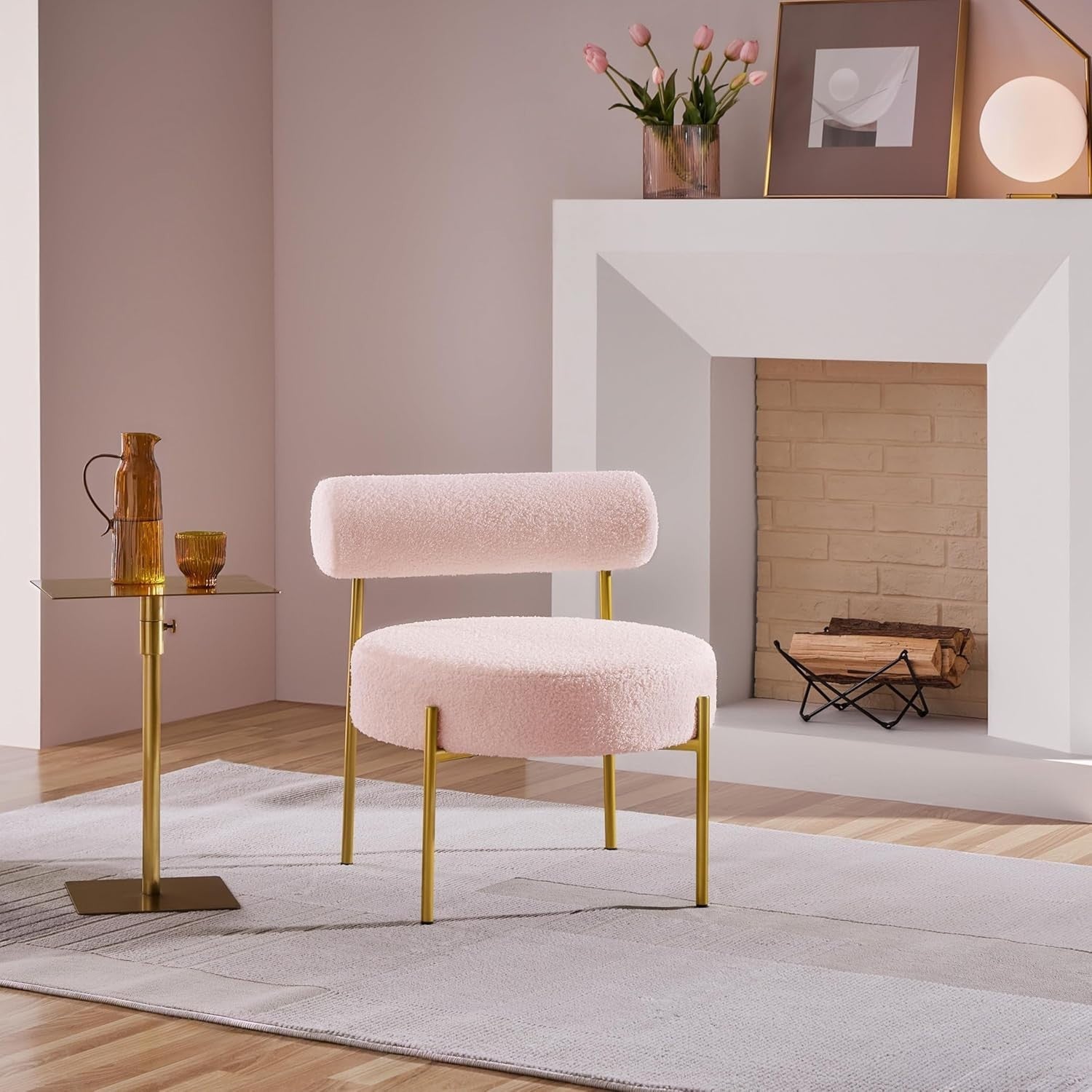 Pink Bouclé Tub Chair Cozy Sherpa Barrel Seat w/ Gold Legs for Bedroom & Vanity