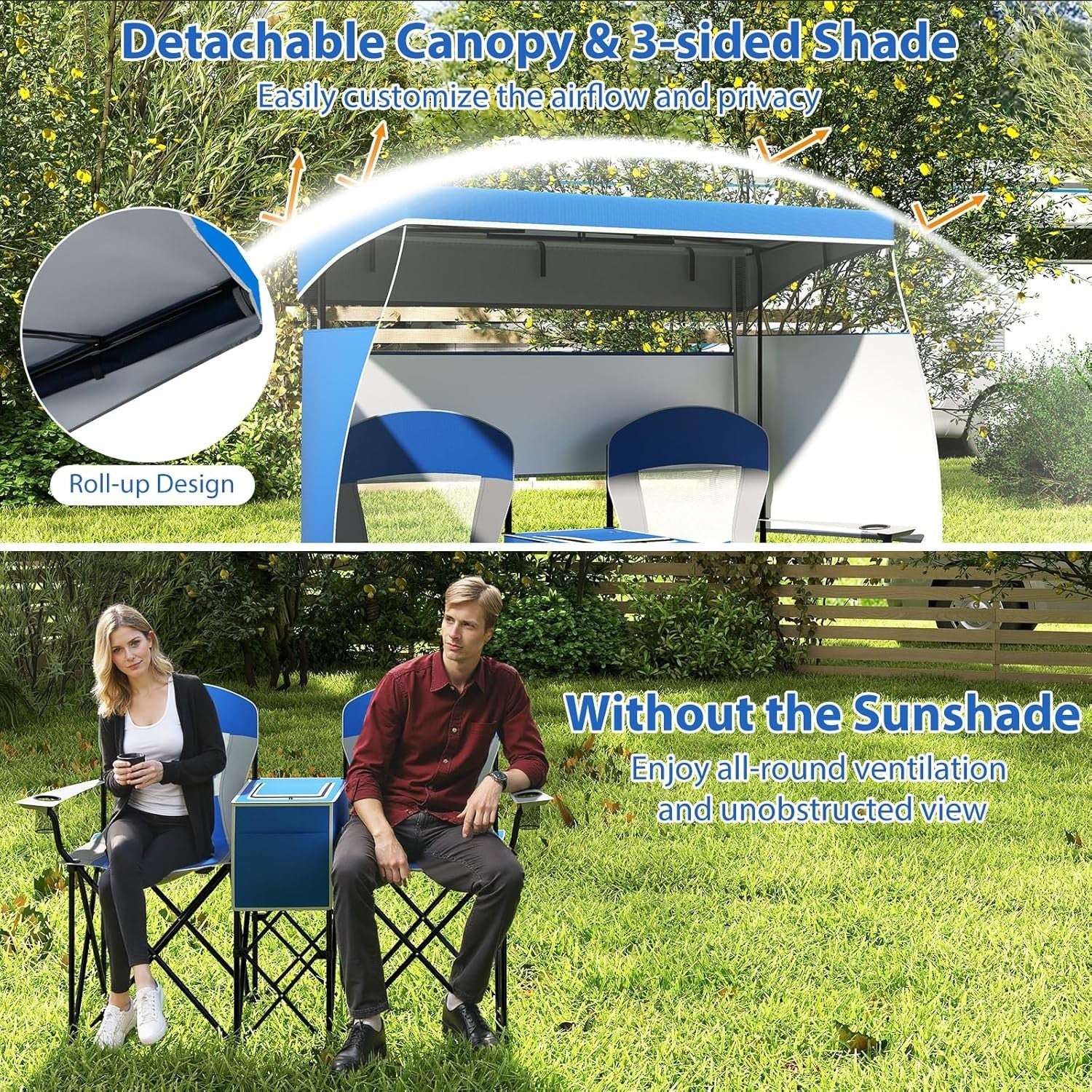 2 Seater Folding Camping Chair with Canopy, Cup Holders & Storage – Navy