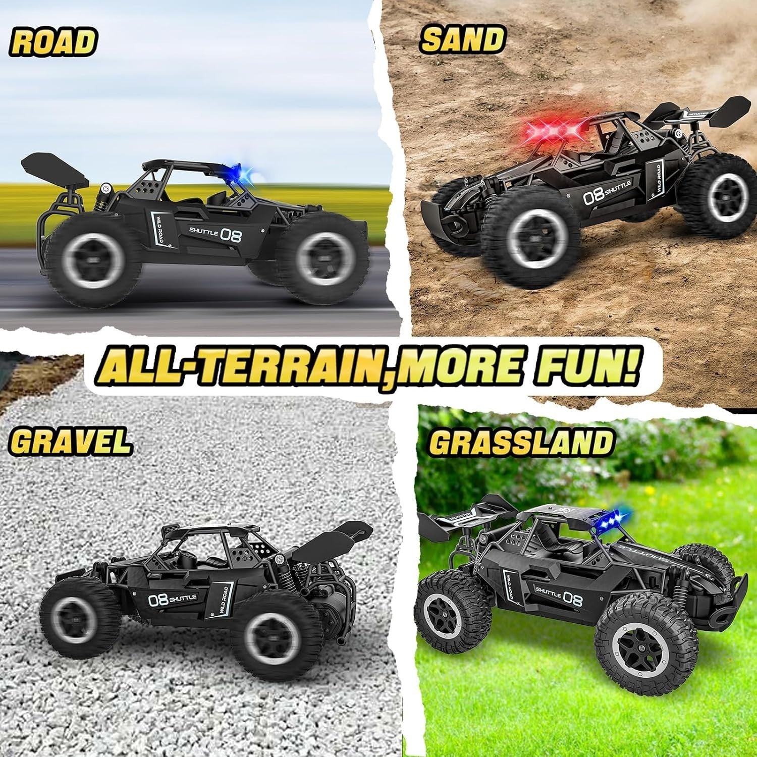 High-Speed 2WD RC Car for Kids with LED Lights & 2 Batteries – Black
