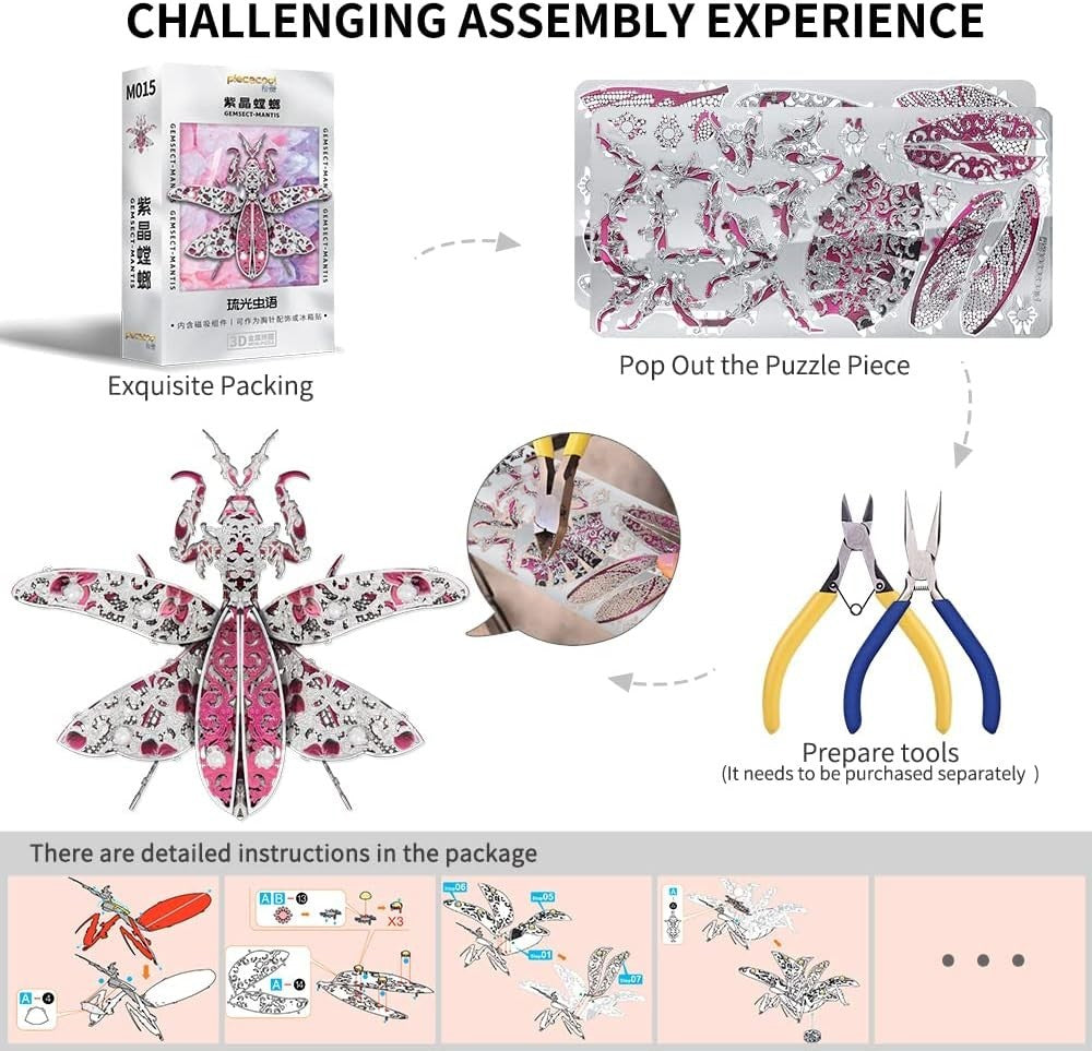 3D Metal Mantis Puzzle for Adults, Steel Insect Model, DIY Gift Kit 29pcs