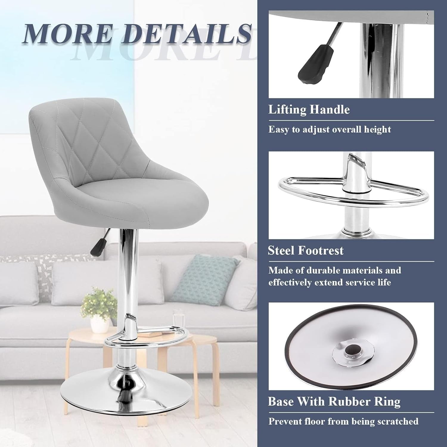 Set of 2 Adjustable Swivel Bar Stools – Light Grey L-Shape