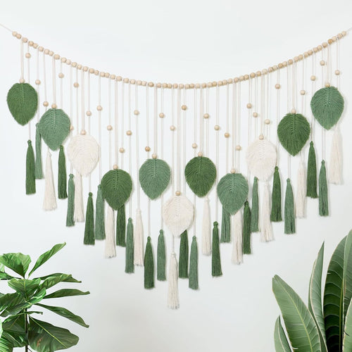 Large Macrame Wall Hanging Beige Green Leaf Tassel Boho Decor