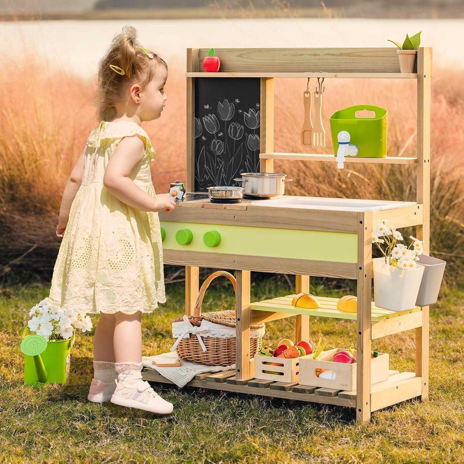 Outdoor Mud Kitchen for Kids Wooden Playset w/ Sink BBQ Toys