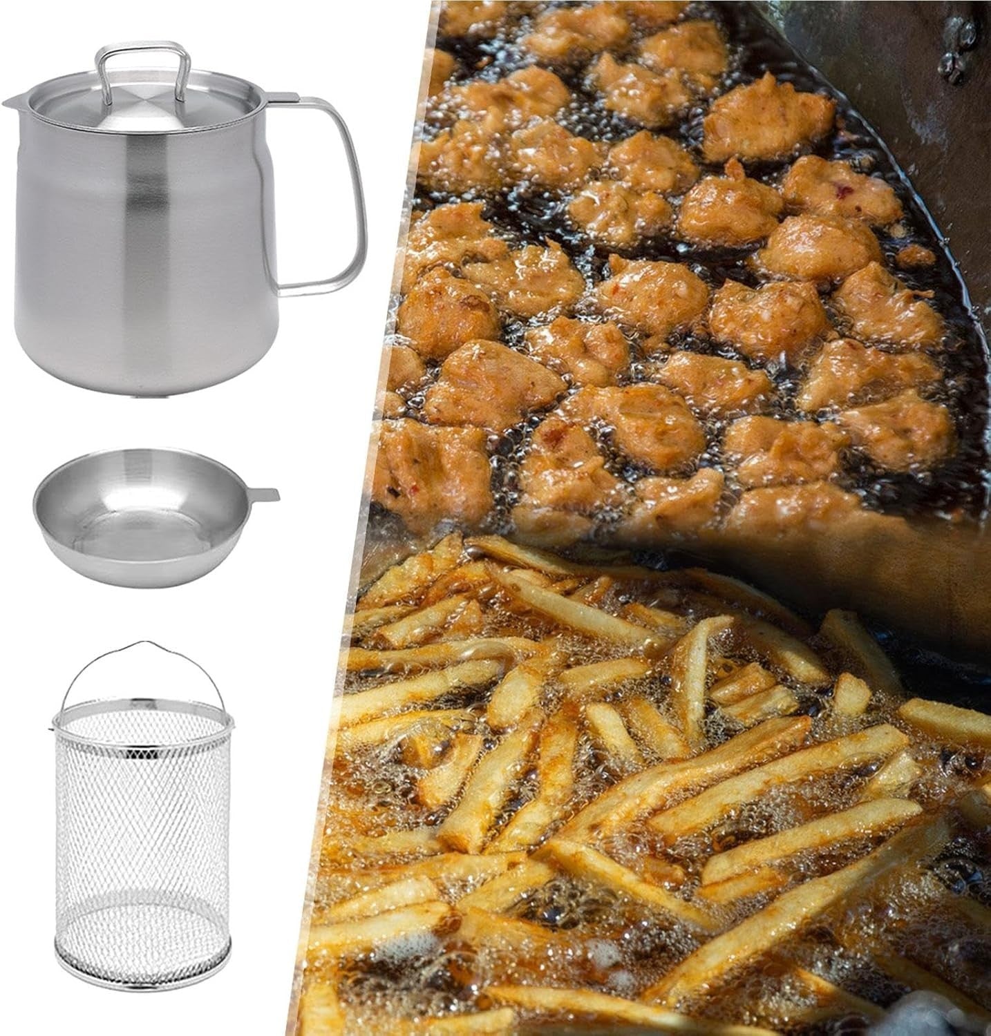 1.5L Stainless Steel Deep Fryer Pot Chip Pan Basket Lid Oil Strainer