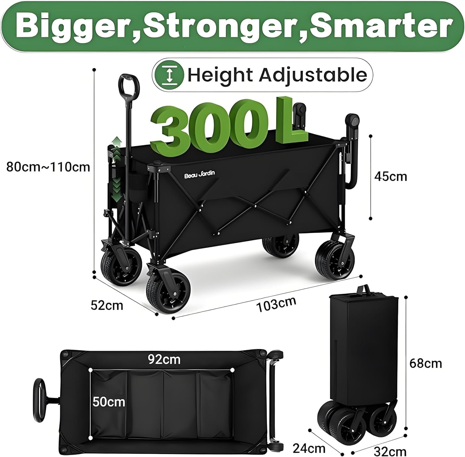XXL 300L Heavy Duty Folding Wagon 230kg All-Terrain Cart w/ Big Wheels & Brakes