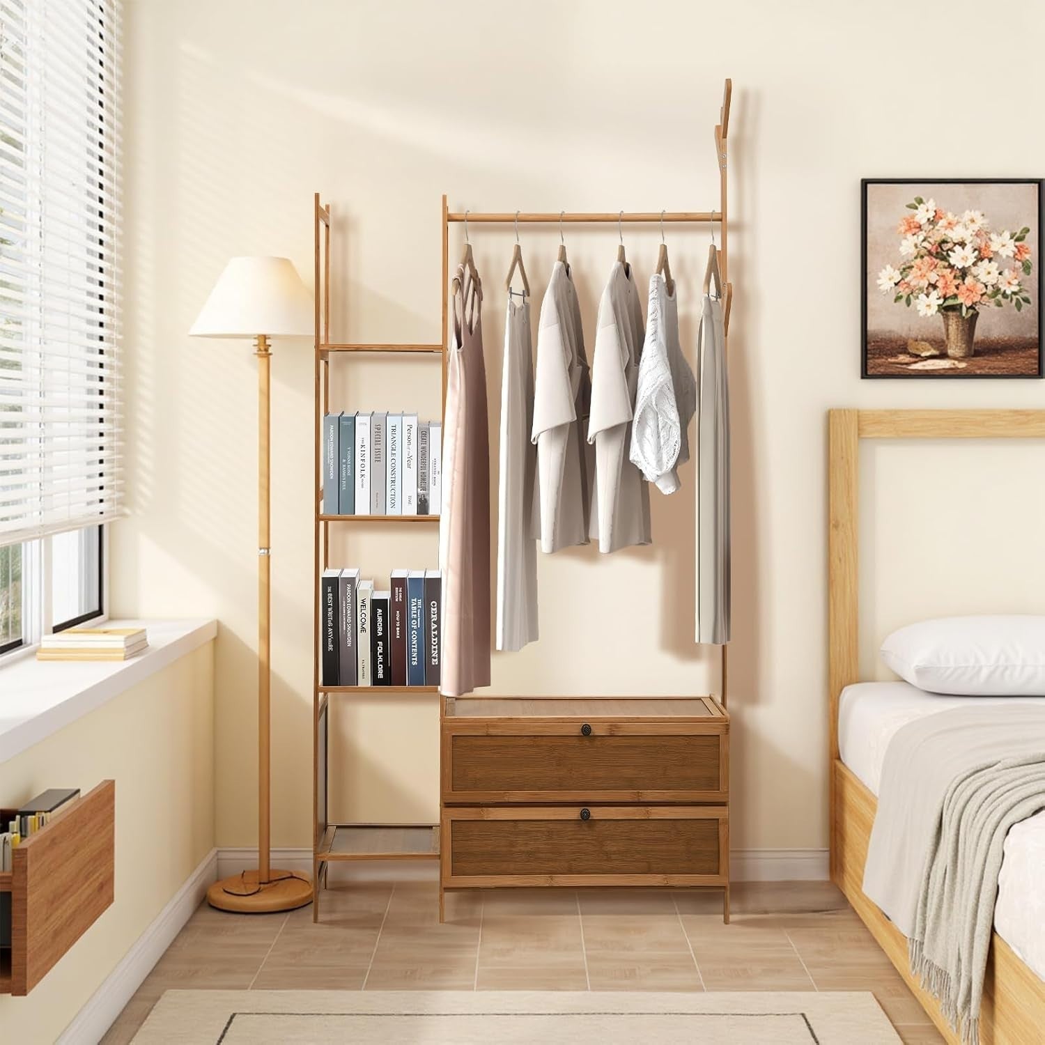 Bamboo Clothes Rail with Shelves & Hooks, Tea Wardrobe