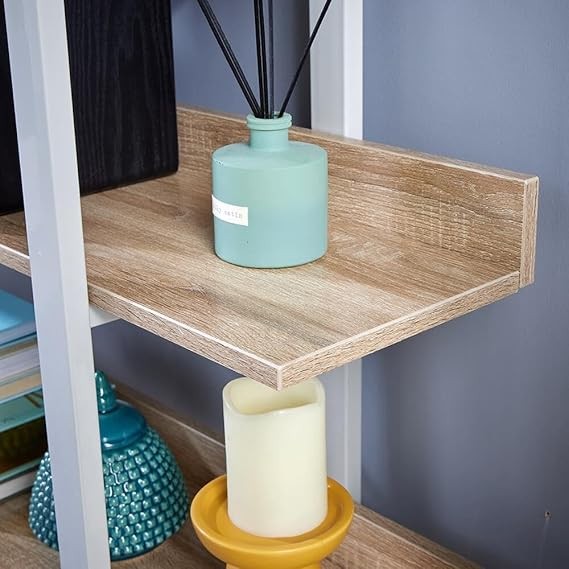 Wide 3 Tier Ladder Shelf Bookcase Modern Oak Effect Storage Unit Metal Frame
