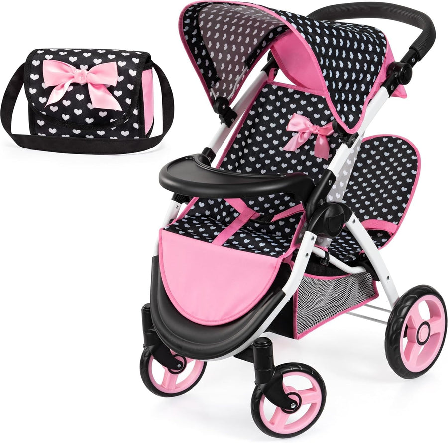 Twin Doll Pram Double Stroller Adjustable Handle Foldable with Bag