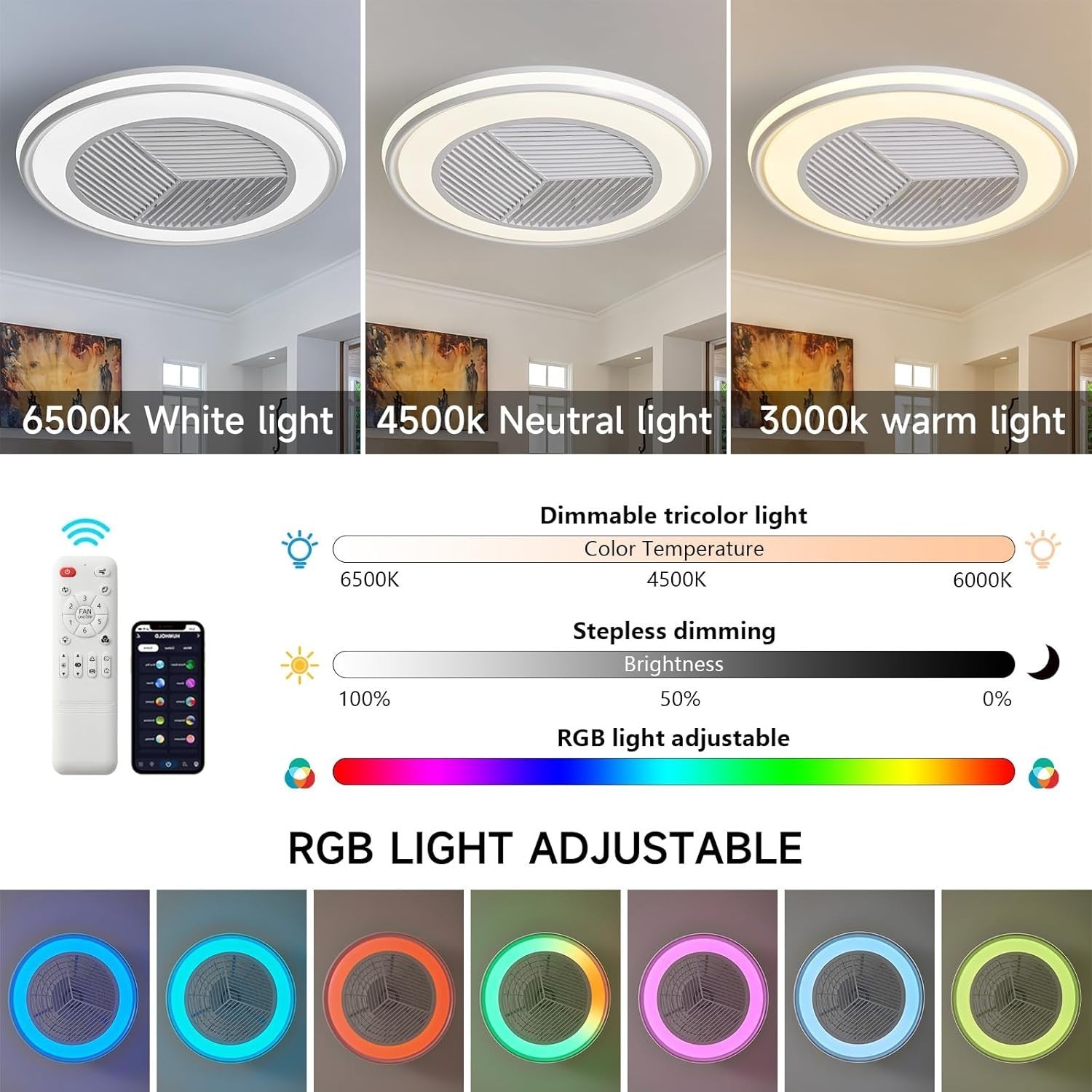 DWDVBL 50CM RGB Ceiling Fan with Smart LED Light, Remote & App Control