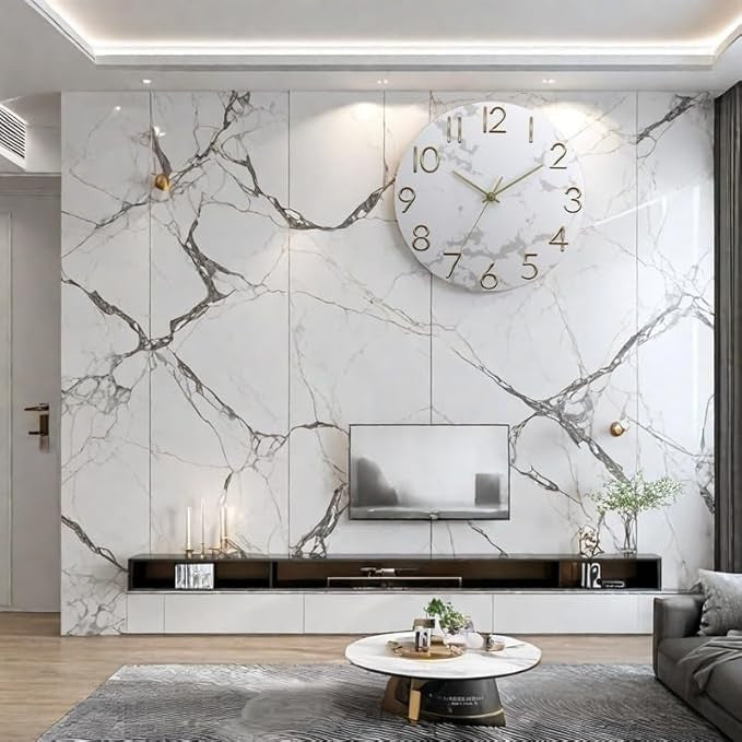 Modern 12 Inch Gold Wall Clock Silent Non-Ticking Luxury Marble Effect Decor