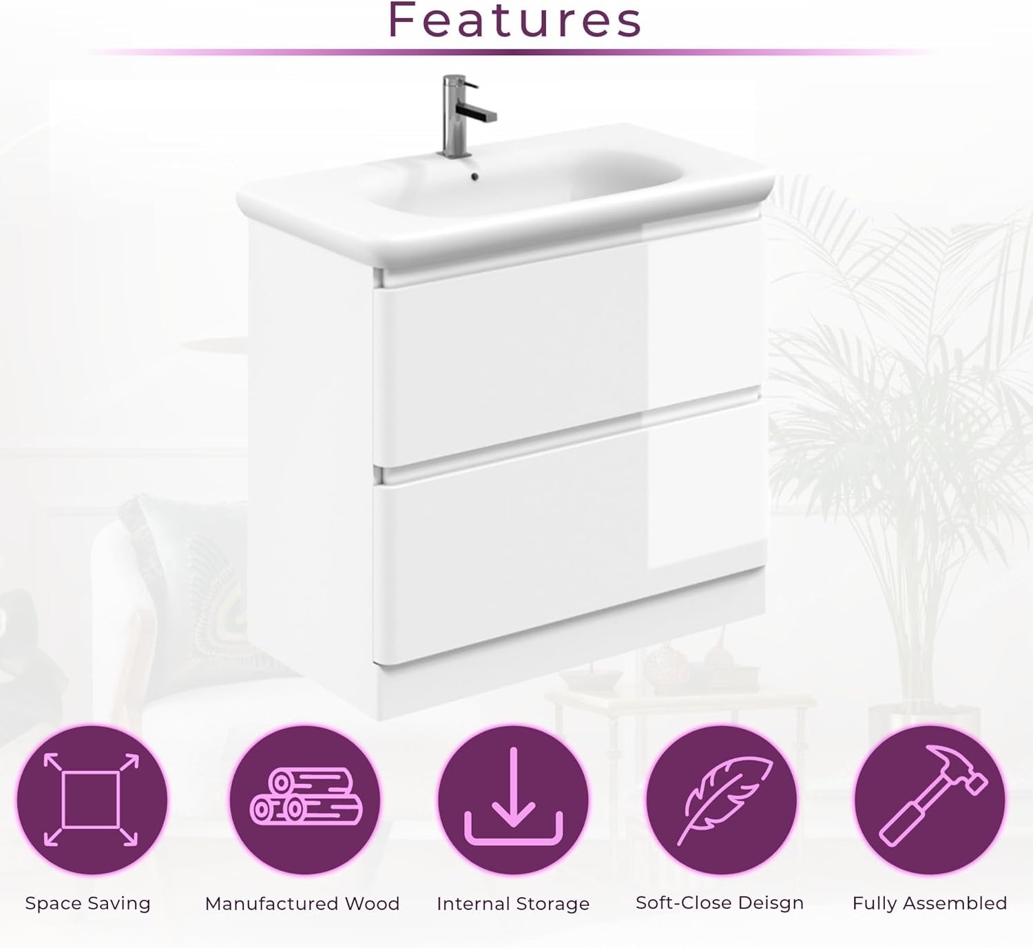 900mm Gloss White Vanity Unit with Basin Floor Standing Bathroom Cabinet