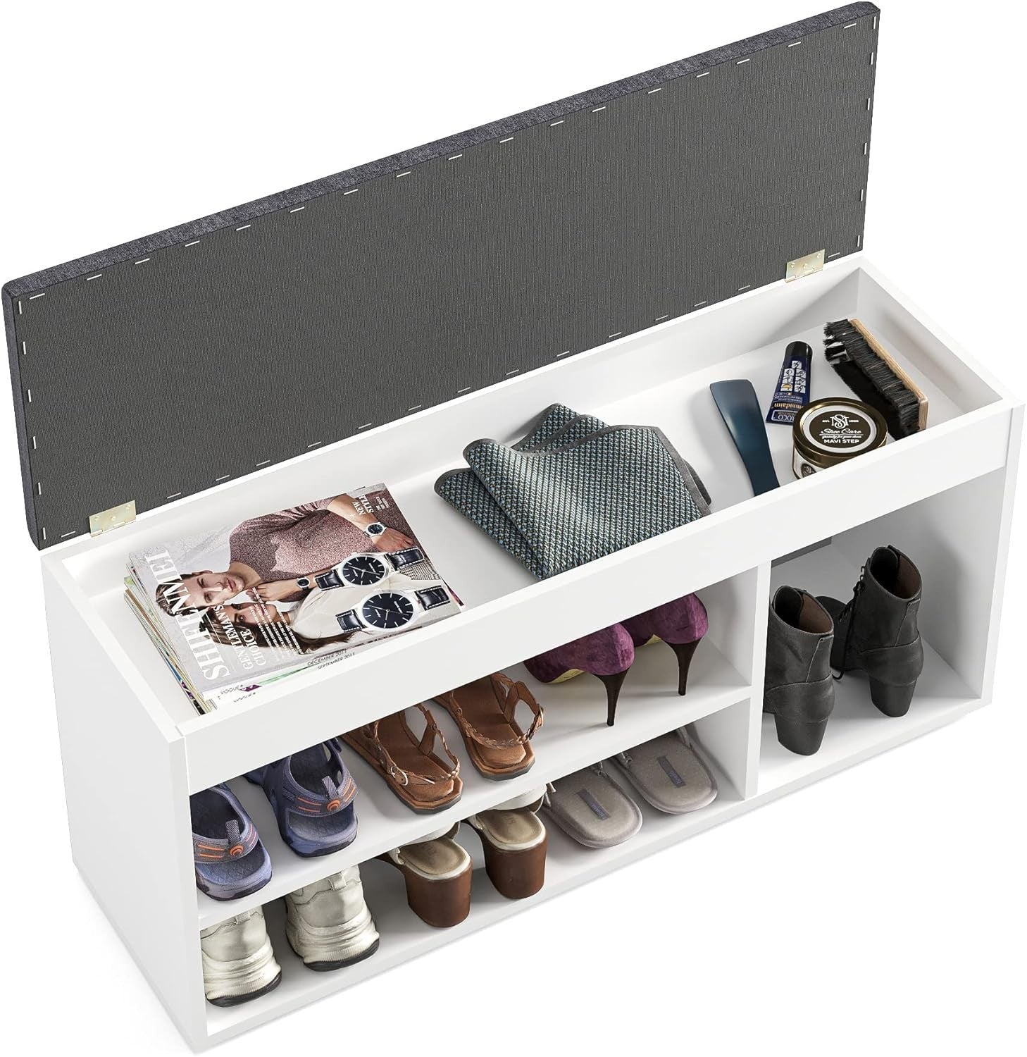 White Shoe Storage Bench with Cushion Hidden Compartment Wide Entryway Seat