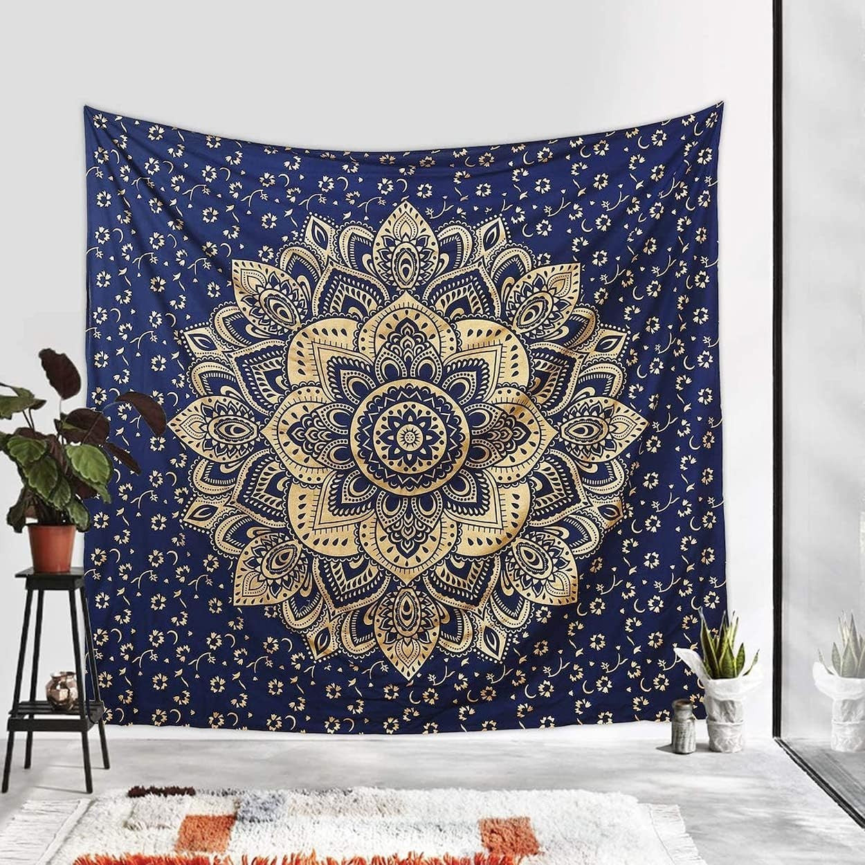 Boho Blue Gold Mandala Tapestry 52x82" Cotton Wall Hanging