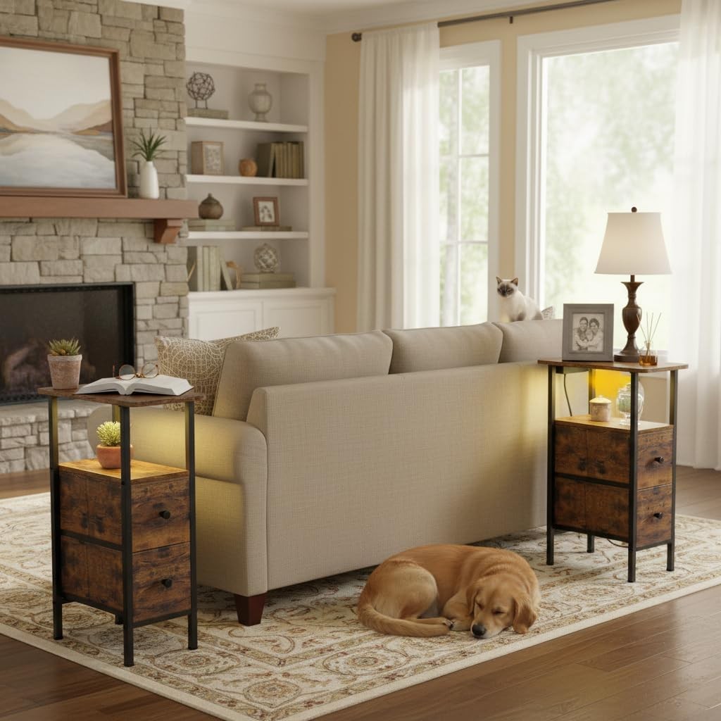 Slim LED Bedside Table with Charging Station, 2 Drawers & Shelf Rustic Brown