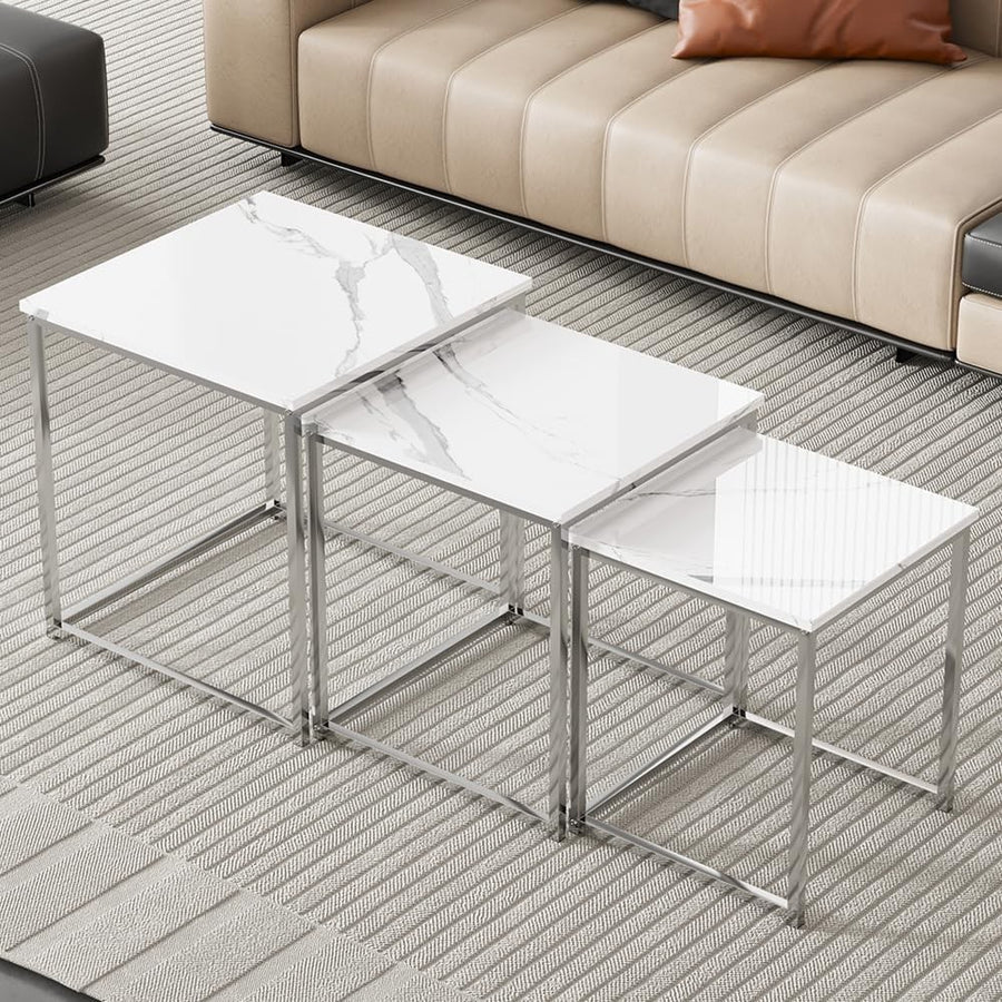 3 White Marble Nesting Tables Set Coffee End Side Table Square Space Saving