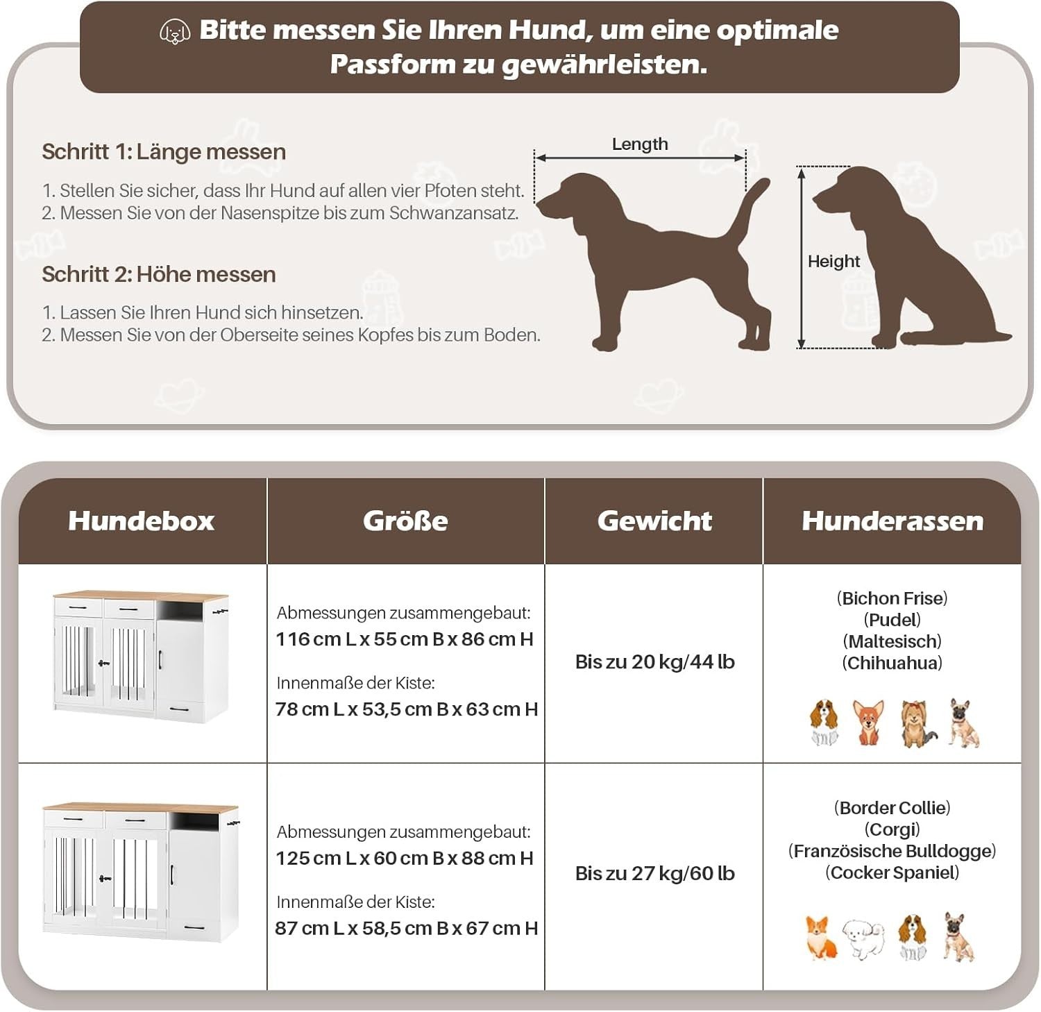 TUKAILAi Dog Crate Furniture White/Wood – Small Pet Kennel with Bowls