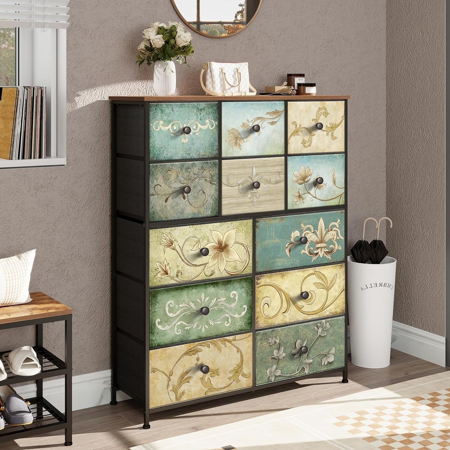 Vintage Boho 12-Drawer Fabric Dresser Chest – Rustic Storage for Bedroom, Hallwa