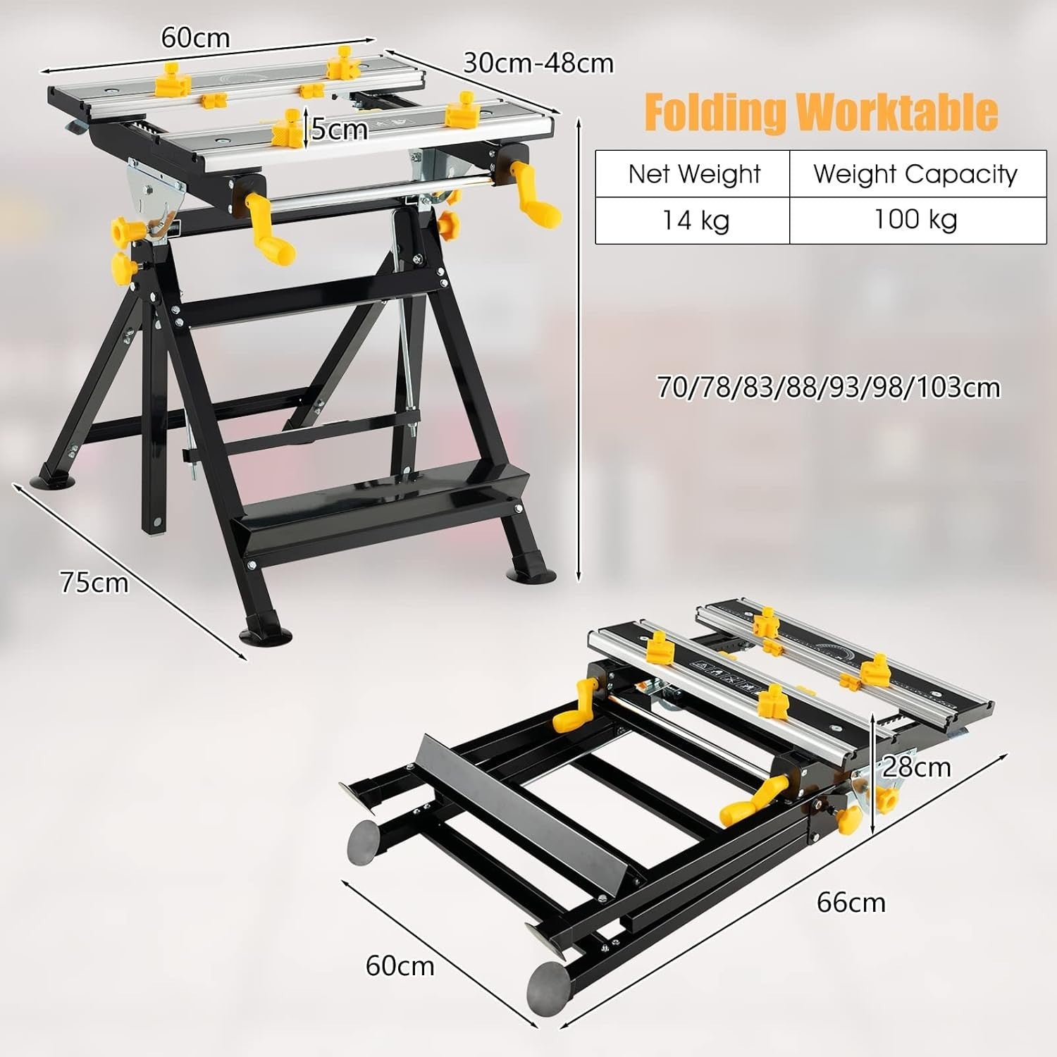 Folding Workbench 75x60cm Yellow Adjustable Height Tilt Table Sawhorse 7 Levels