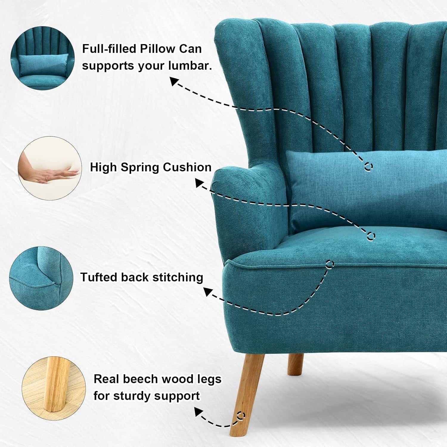 Teal Linen Wingback Tub Chair with Footstool, Wooden Legs, Lounge Sofa