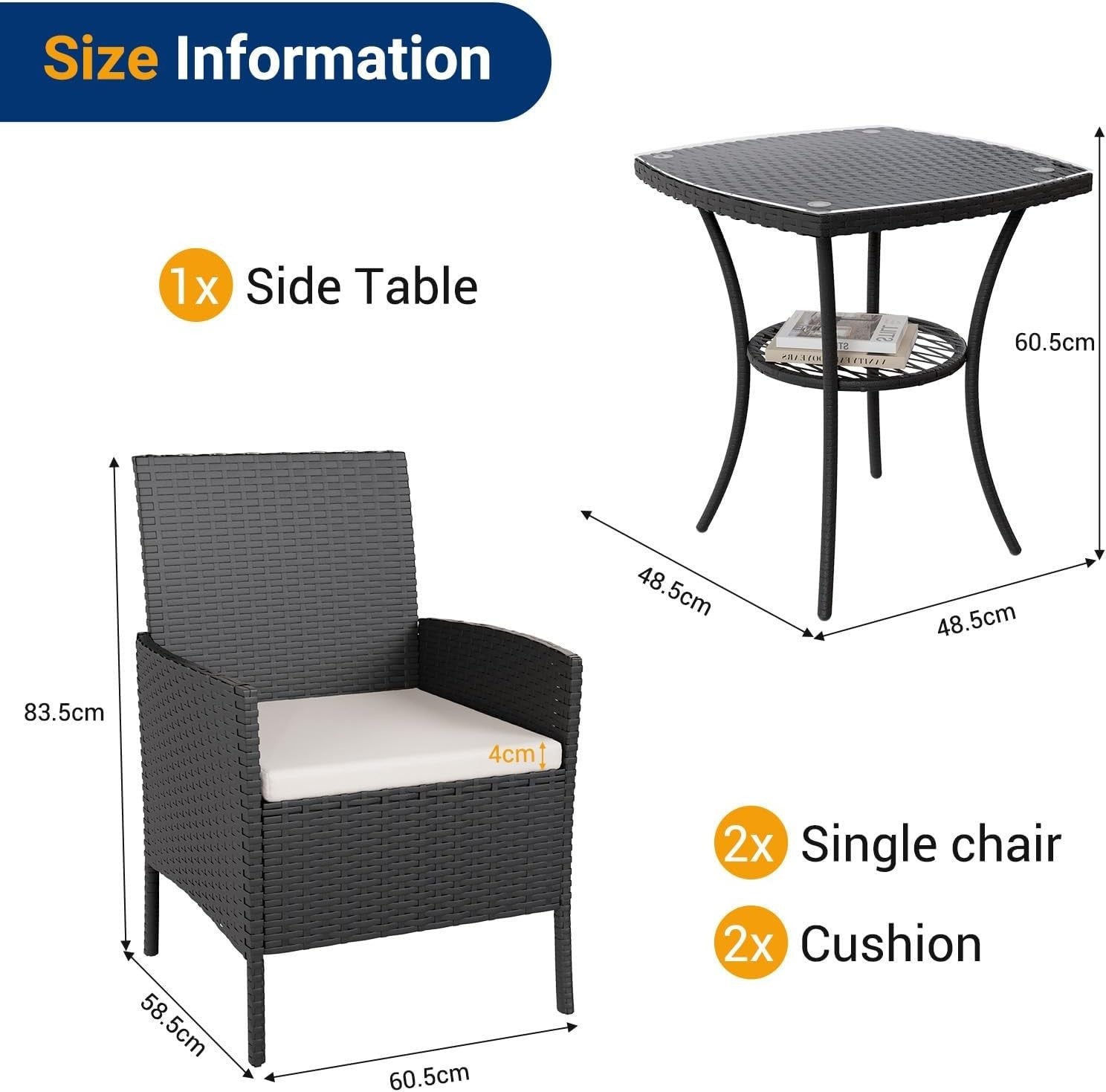Black 3-Piece Rattan Garden Bistro Set Patio Chairs Table Outdoor Furniture
