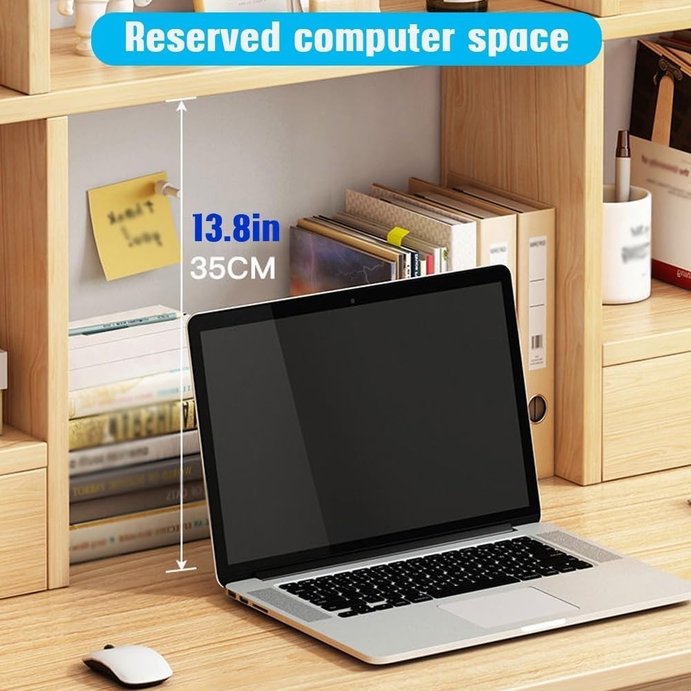 3-Tier Wood Desk Hutch Organizer w/ Drawers White Desktop Bookshelf 100x16x52cm