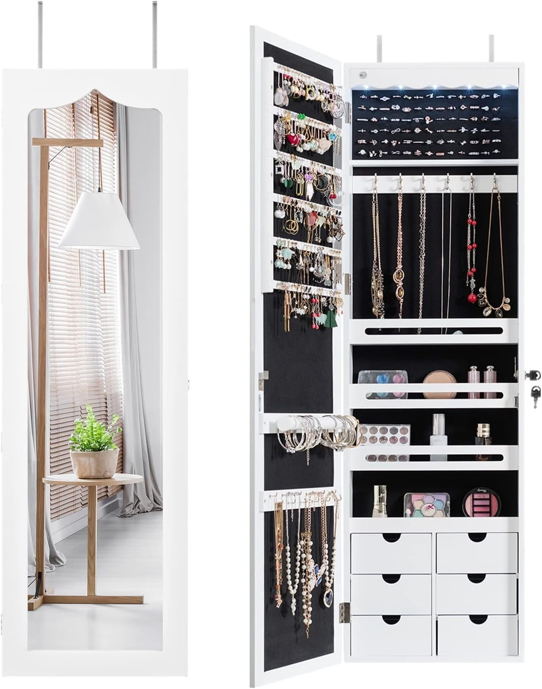 White LED Wall Mounted Jewelry Cabinet Mirror Lockable Hanging Organizer