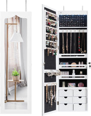 White LED Wall Mounted Jewelry Cabinet Mirror Lockable Hanging Organizer
