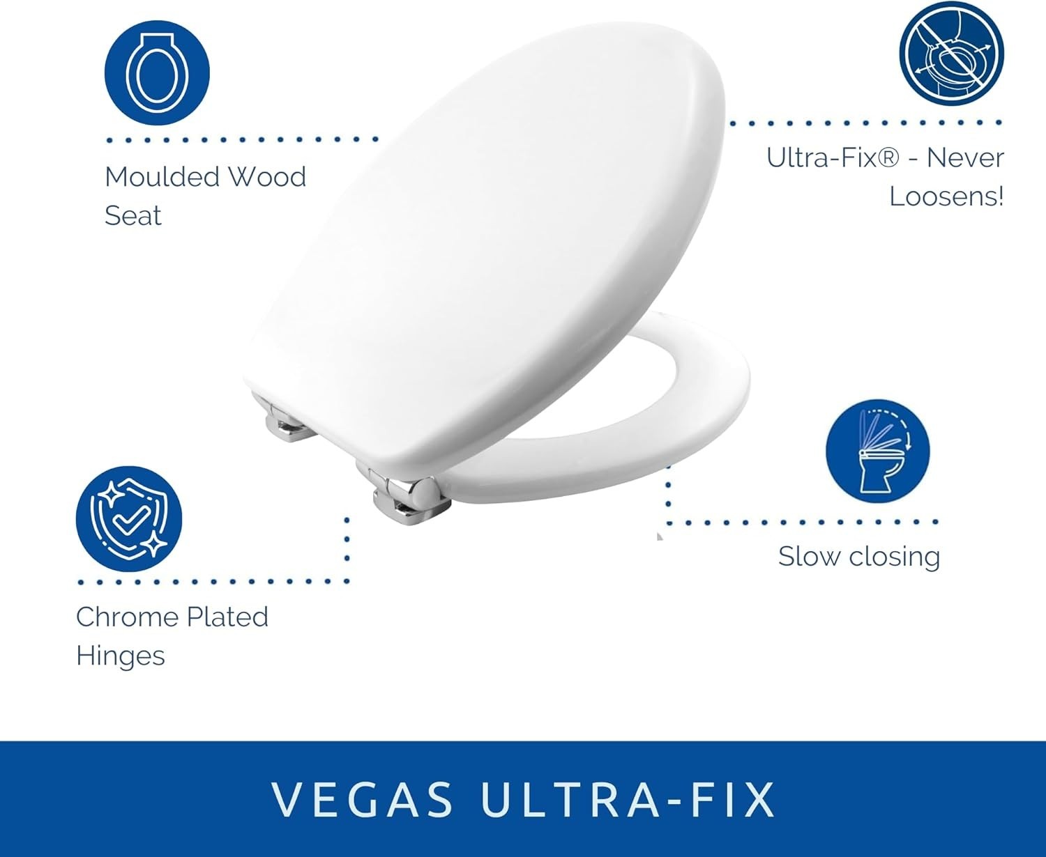 Vegas Ultra-Fix Toilet Seat White Wooden Soft Close Chrome Hinges 145–165mm