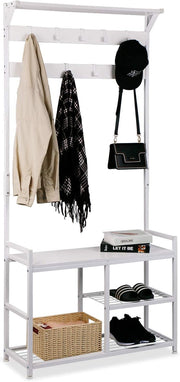 White Industrial Coat Rack with Shoe Bench | 9 Hooks Metal Frame Hall Tree
