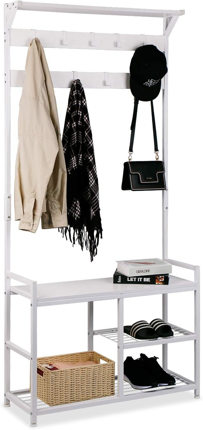 White Industrial Coat Rack with Shoe Bench | 9 Hooks Metal Frame Hall Tree