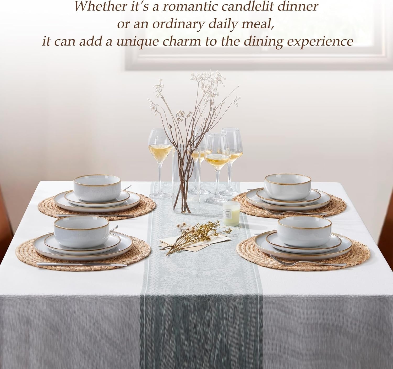 12pc Stoneware Dinner Set Daisy Beige Plates Bowls Reactive Glaze