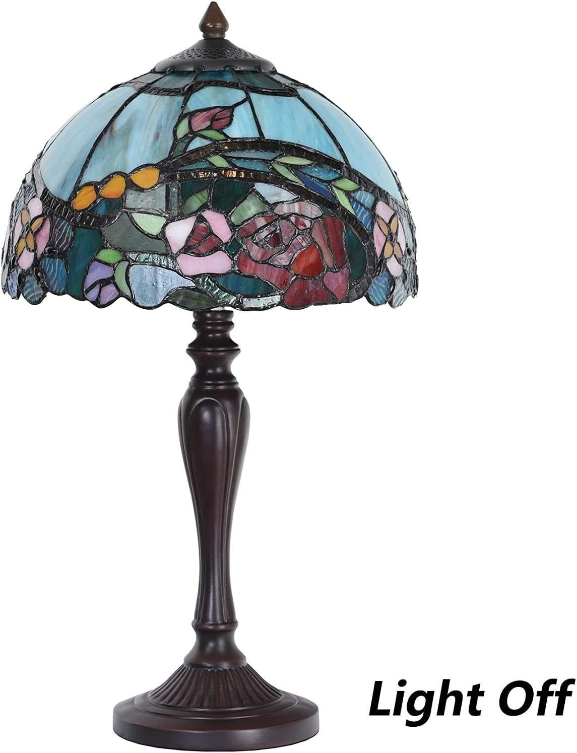 Tiffany Style Rose Stained Glass Table Lamp with 12" Shade, 21" Tall