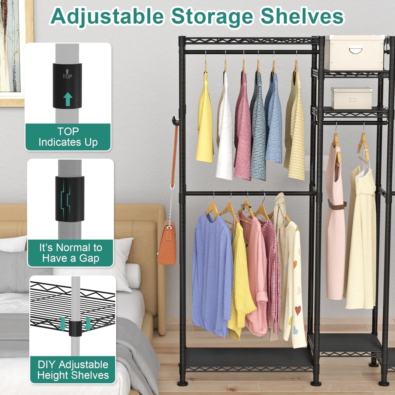 Adjustable Clothes Rail 5 Rods & 7 Shelves – Black 195cm
