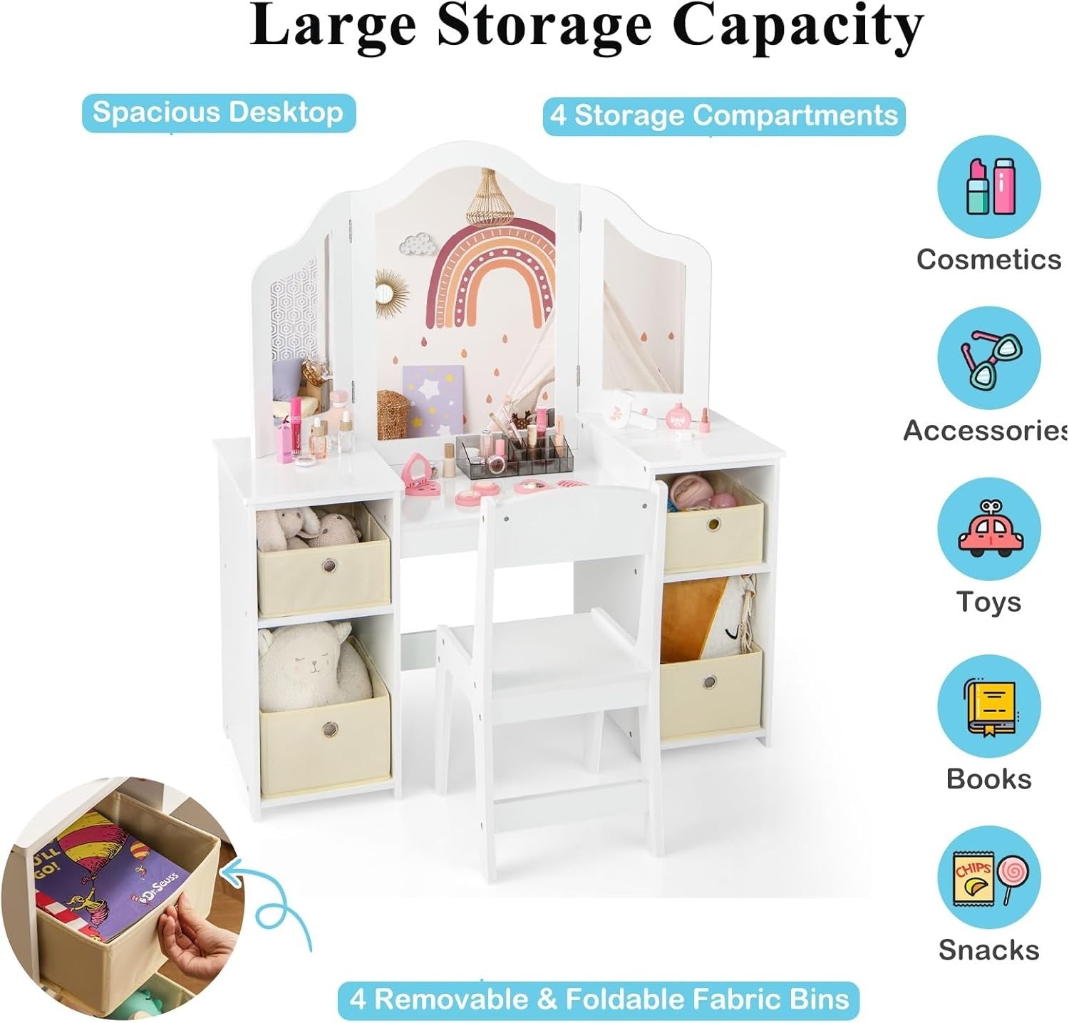 Kids Vanity Table with Tri-Fold Mirror & Storage Bins, White Wooden Set
