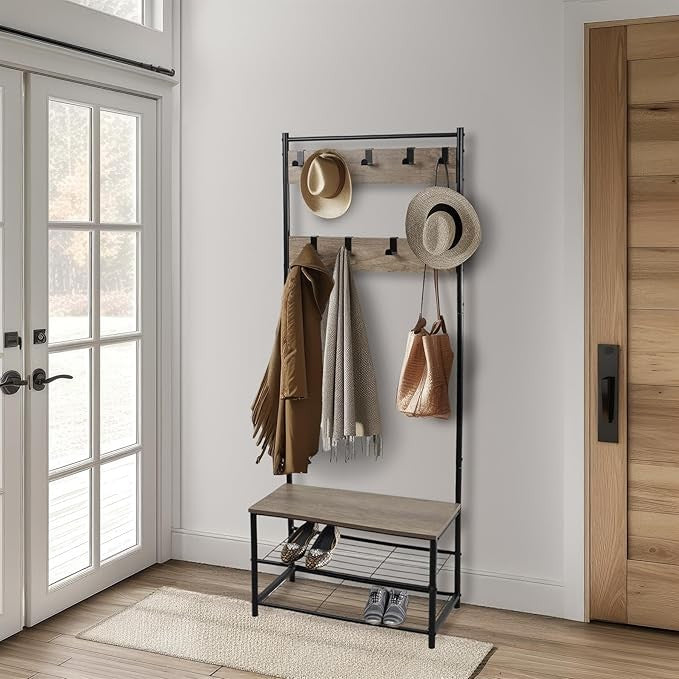 Light Brown Coat Rack with Shoe Storage | Industrial Hall Tree Stand