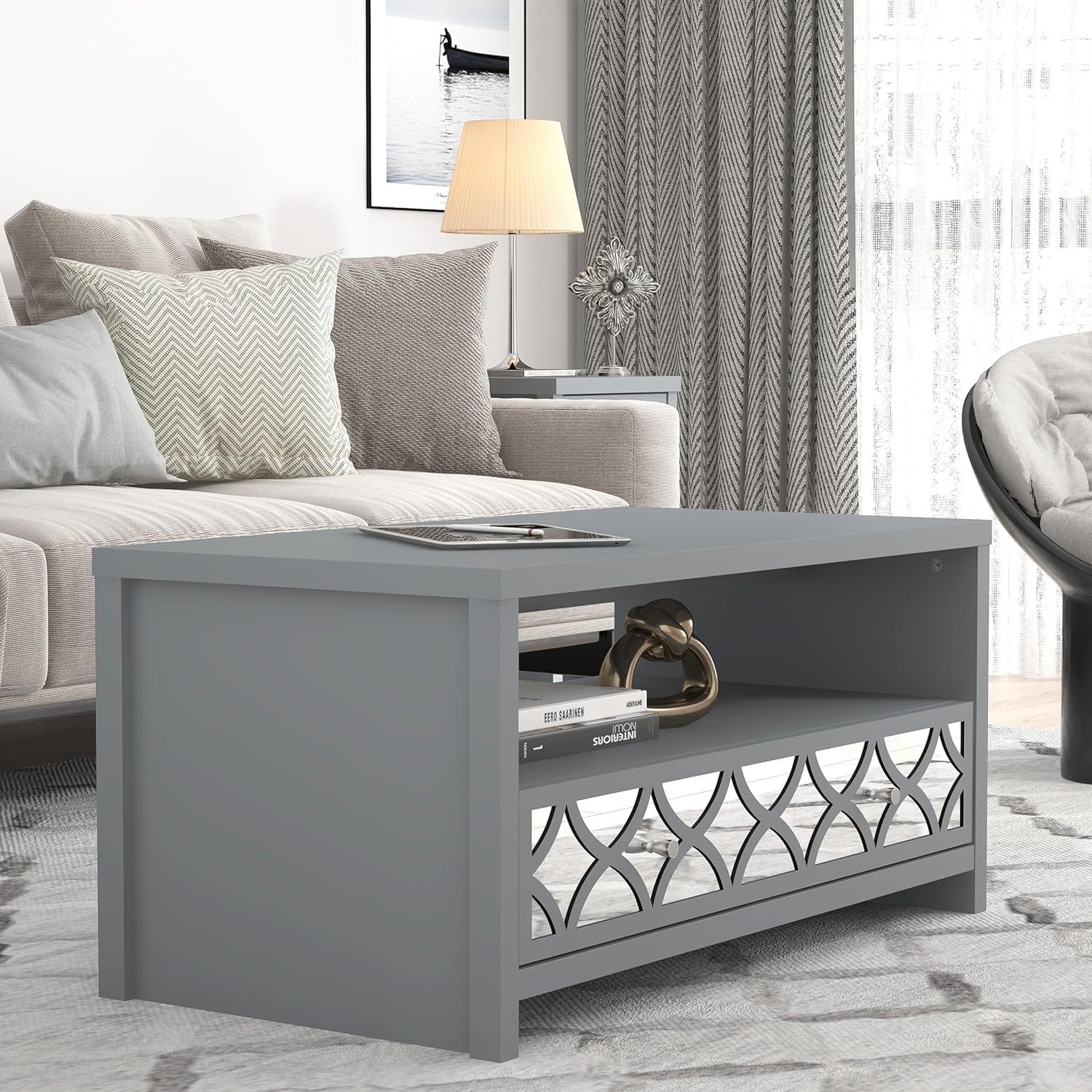 Modern Mirrored Coffee Table with Drawer – Space-Saving Storage Cabinet – Cool G