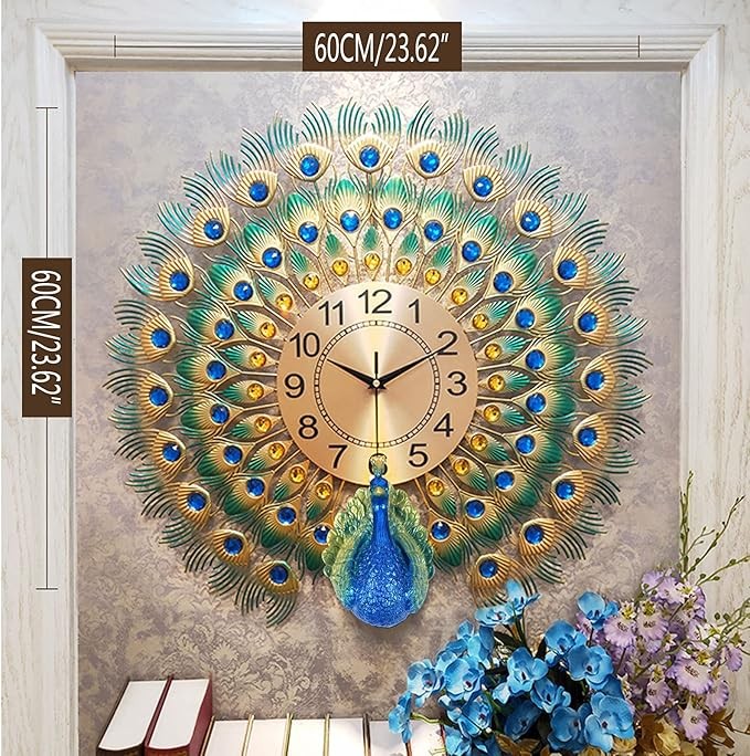 Luxury Peacock Wall Clock 60cm Diamond Decor Large Silent Metal Home Art