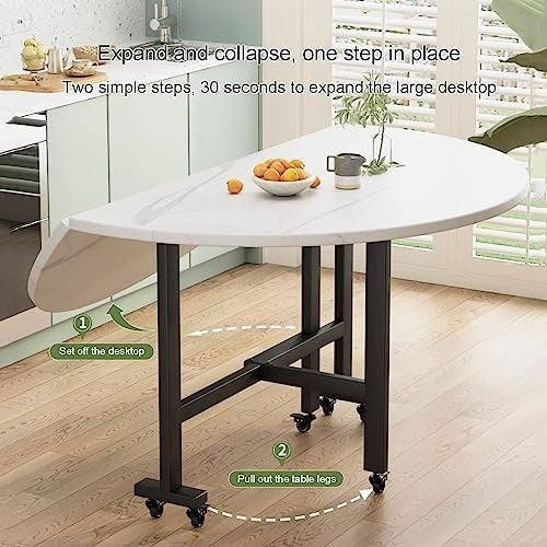 Round Folding Kitchen Table 100cm with 6 Wheels Drop Leaf Space-Saving Desk