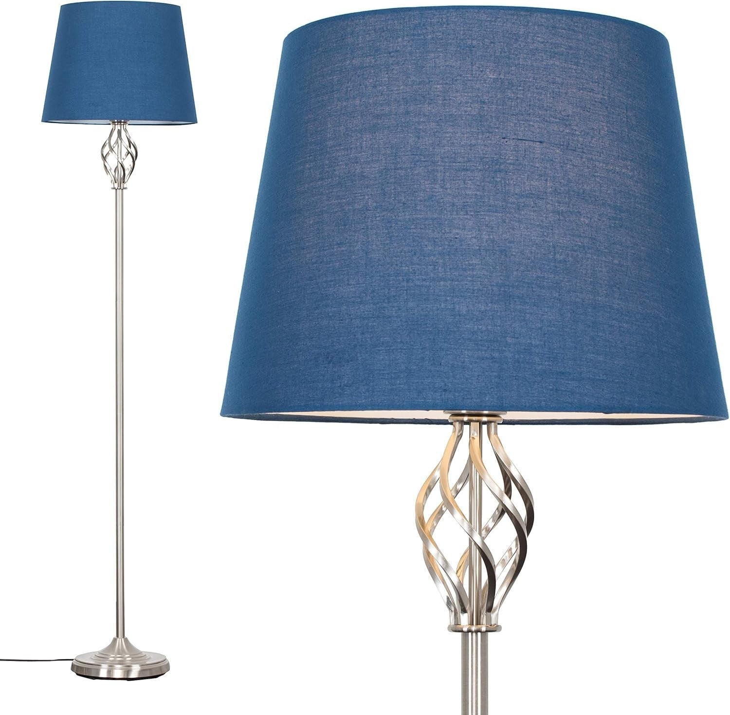 Traditional Nickel Twist Floor Lamp Navy Blue Tapered Shade Living Room Light
