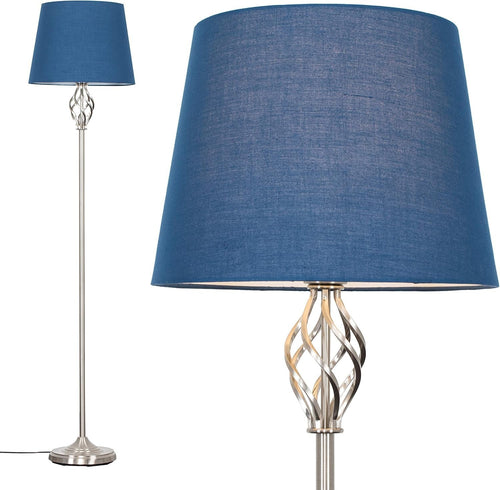 Traditional Nickel Twist Floor Lamp Navy Blue Tapered Shade Living Room Light