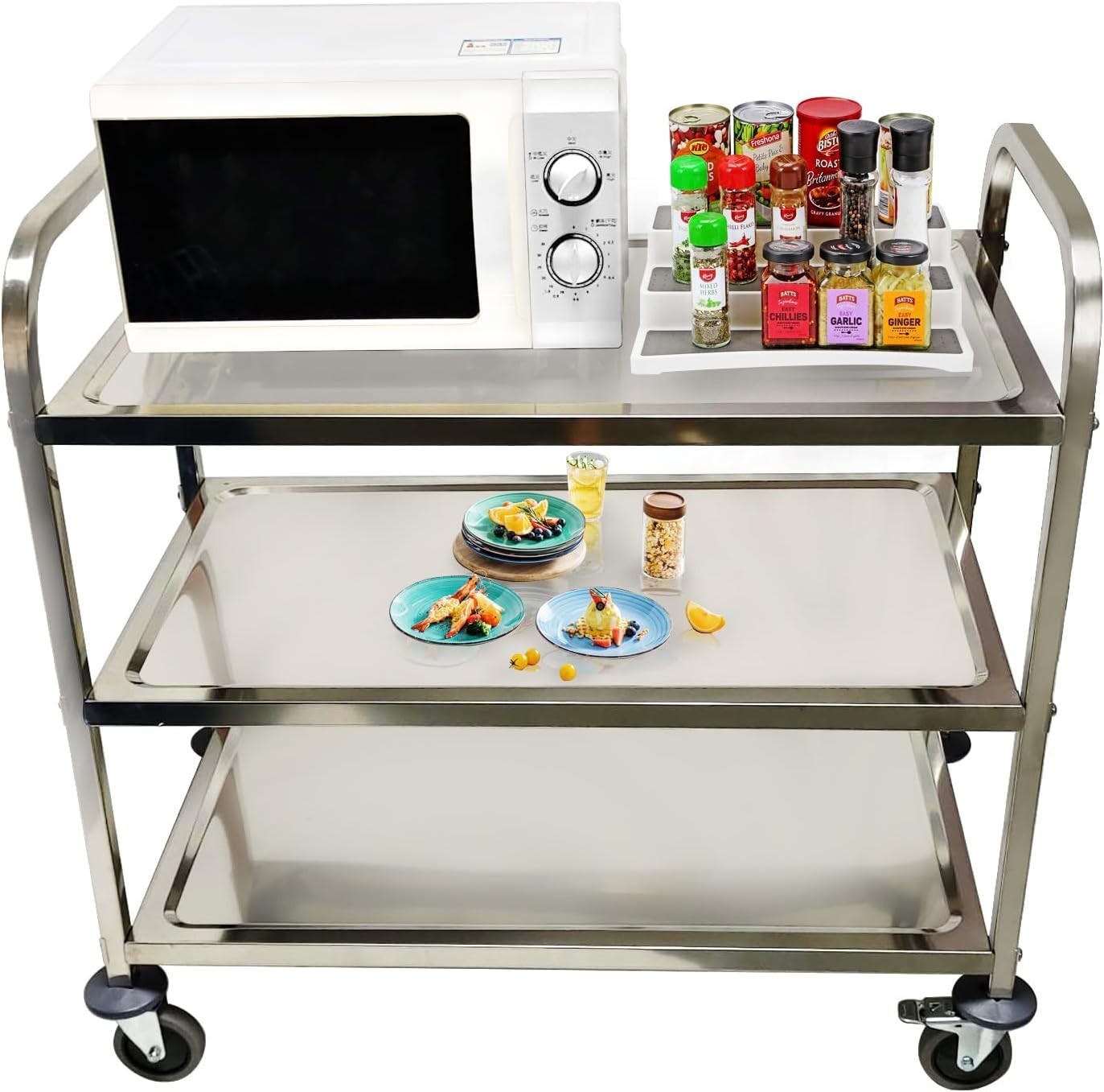 3 Tier Stainless Steel Catering Trolley 95cm Heavy Duty Cart