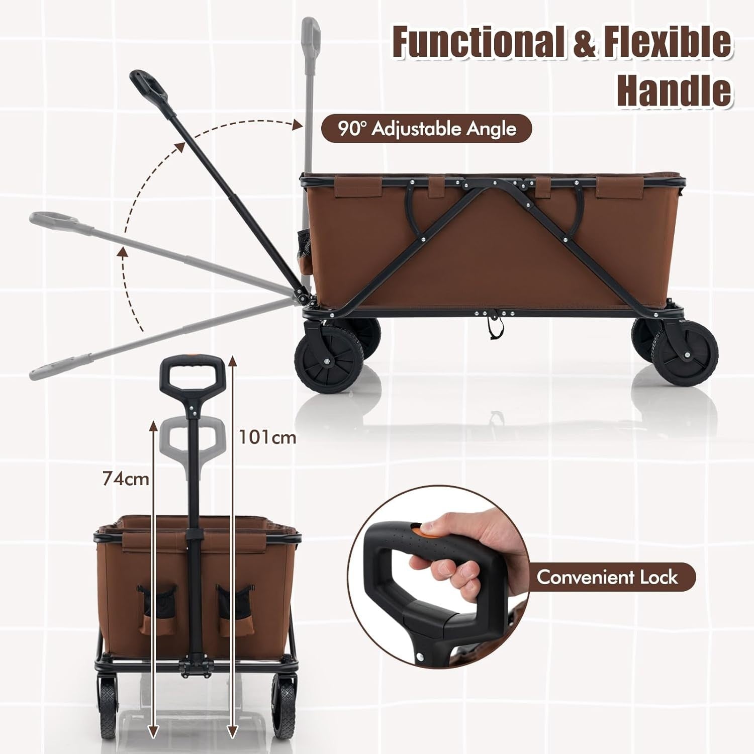 Brown Folding Camping Wagon 170L Heavy Duty Collapsible Garden Cart w/ Handle