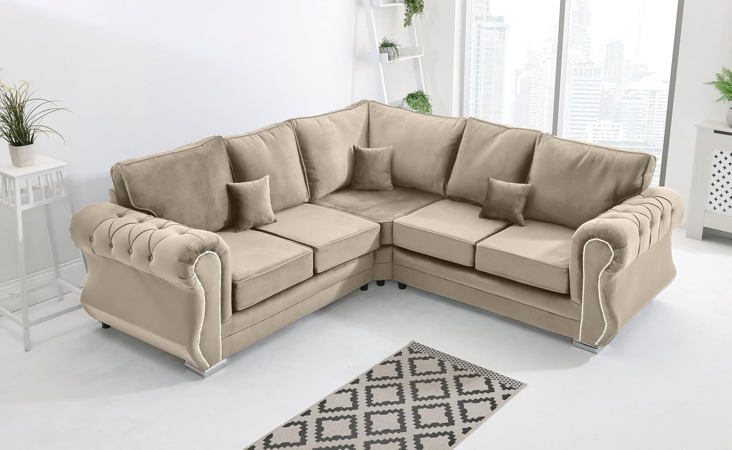 Cream Plush Velvet Corner Sofa 5 Seater Foam Cushions & Chrome Feet