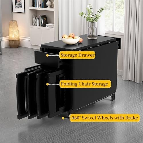Folding Dining Table Set with Storage Drawers & 6 Chairs Black Wood