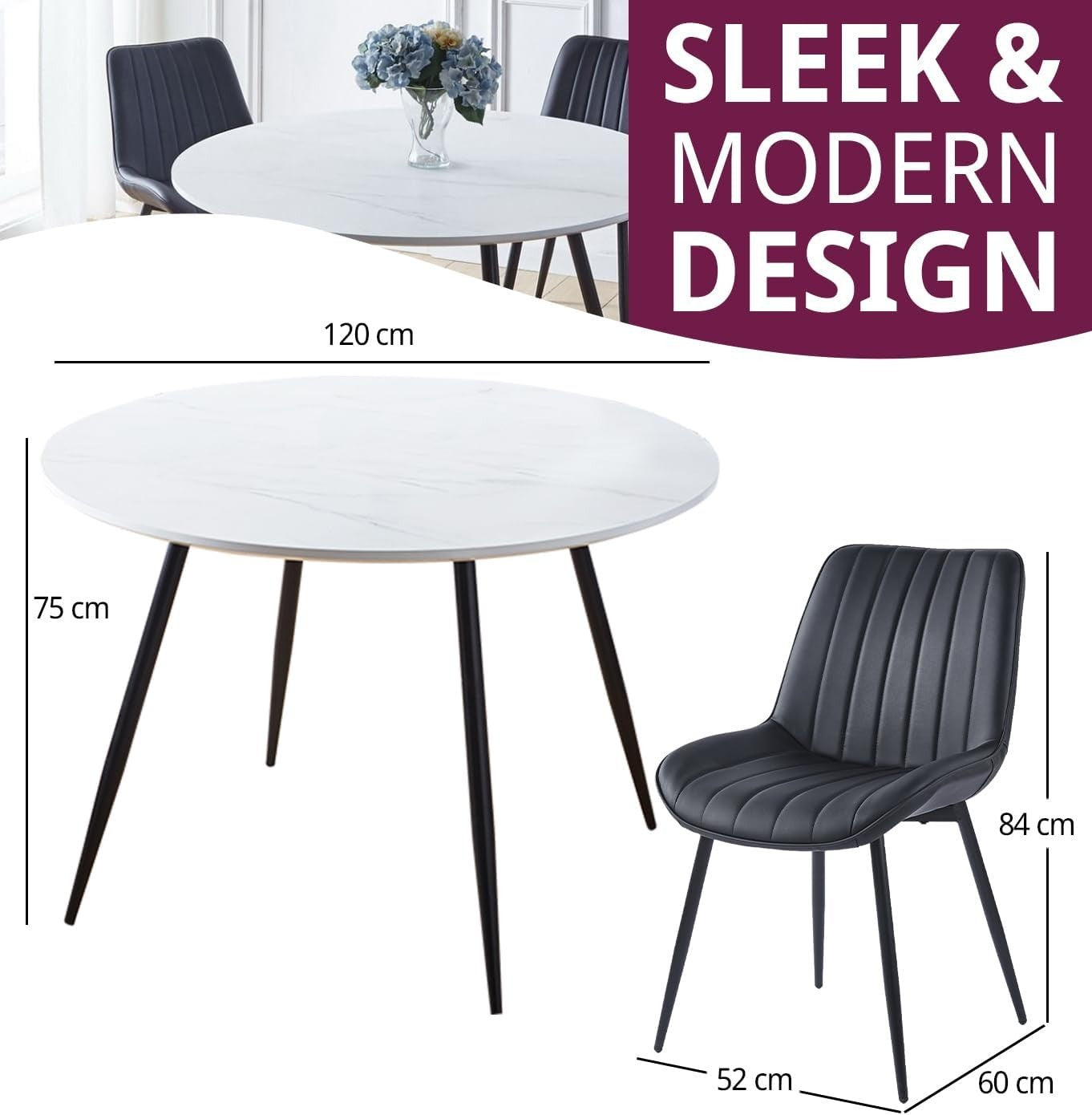 Round Dining Table Set 4 Chairs Black Bonded Leather Modern Kitchen