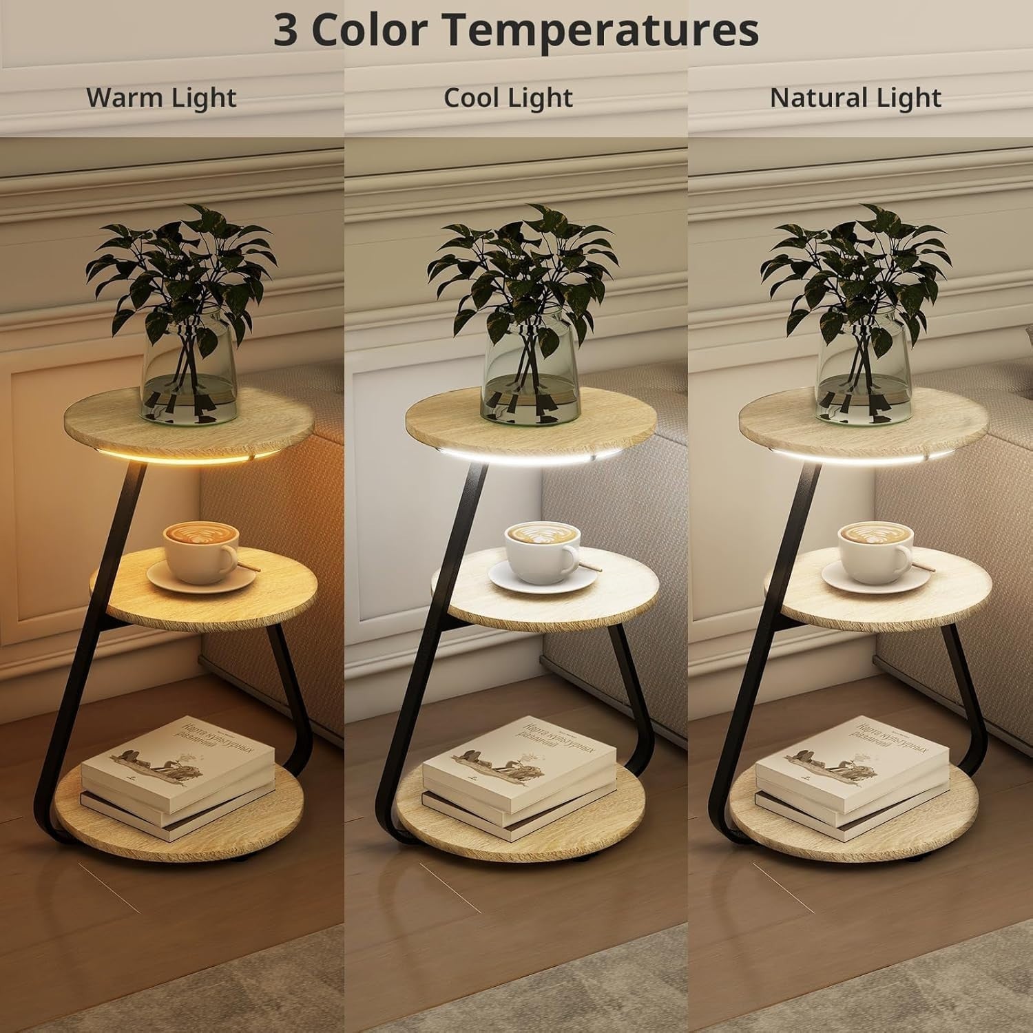 Set of 2 Oak LED Side Tables with 3-Tier Storage – Small Round Coffee Tables