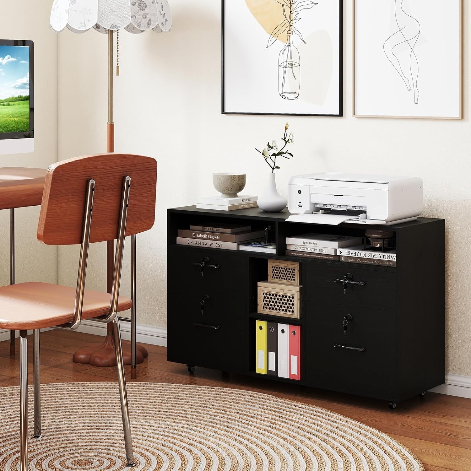 Black Wide Mobile File Cabinet 4 Drawer Lockable Lateral Printer Stand