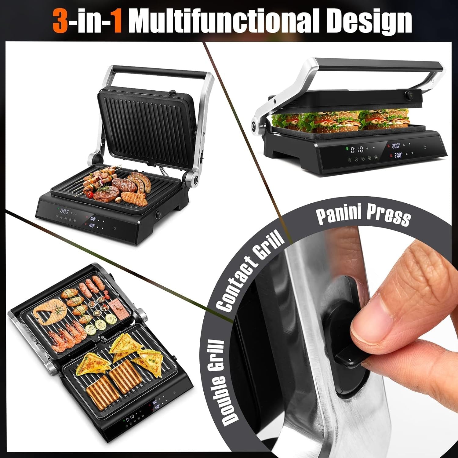 3-in-1 Panini Maker Sandwich Grill 1200W Adjustable Plates Timer 4H