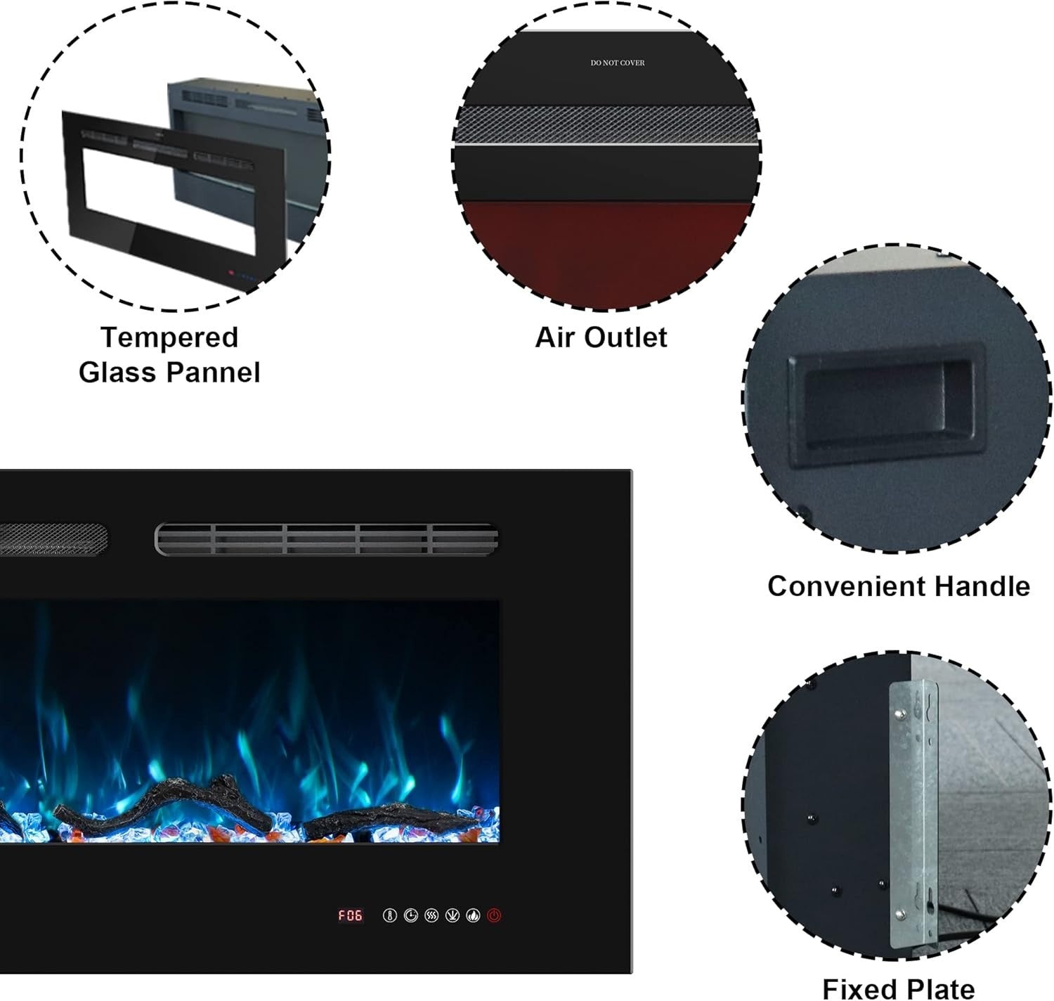 60” Wall Mounted Electric Fireplace Heater LED Flame, Remote & Timer