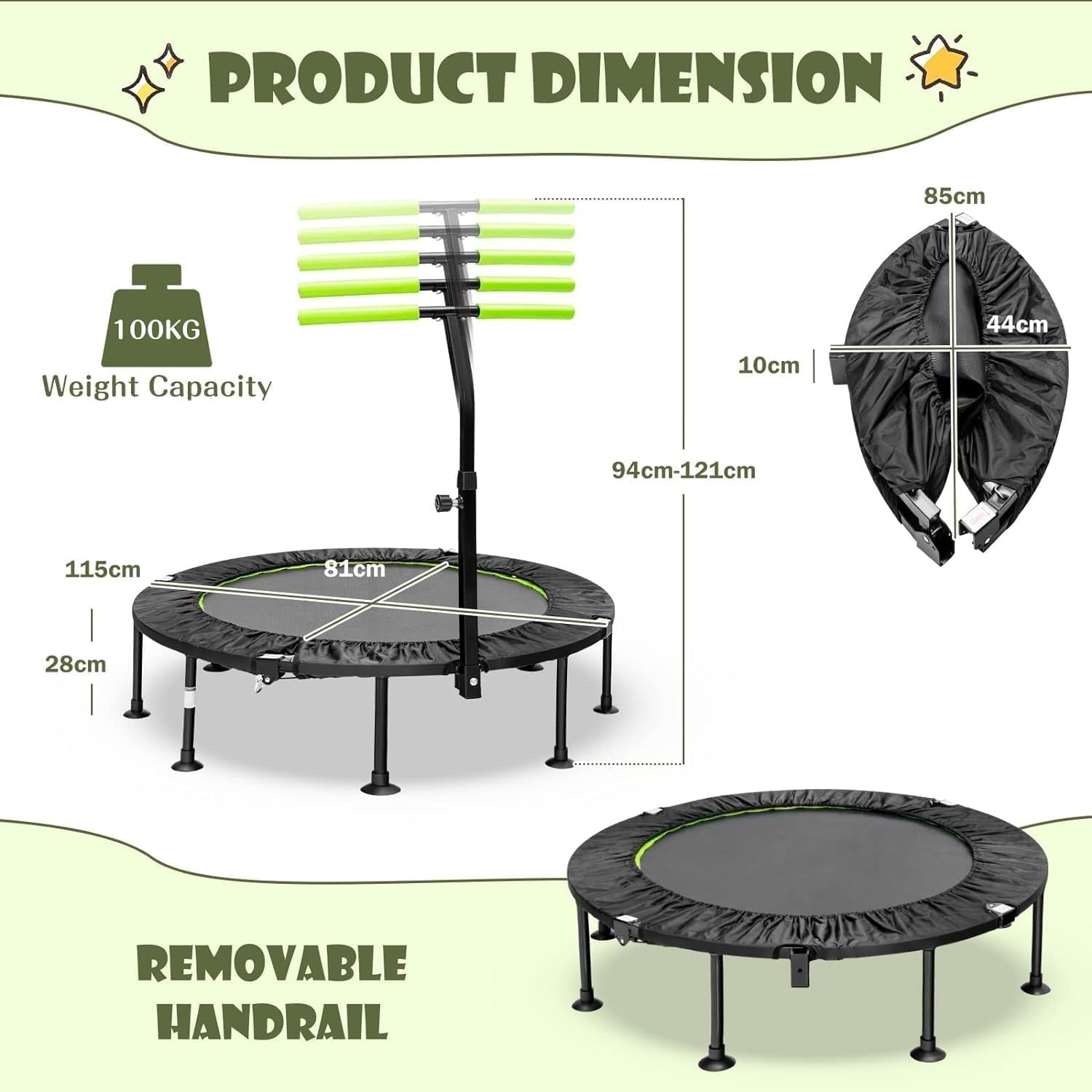 45'' Mini Trampoline with Adjustable Handle Foldable Fitness Rebounder